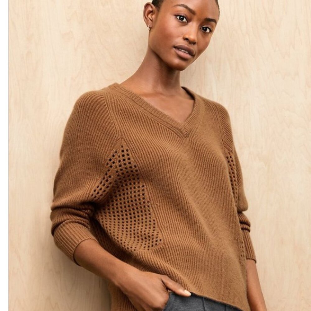Garnet Hill 100% Cashmere Mesh Rib-Knit Sweater Size Large Tan Brown Camel Luxe